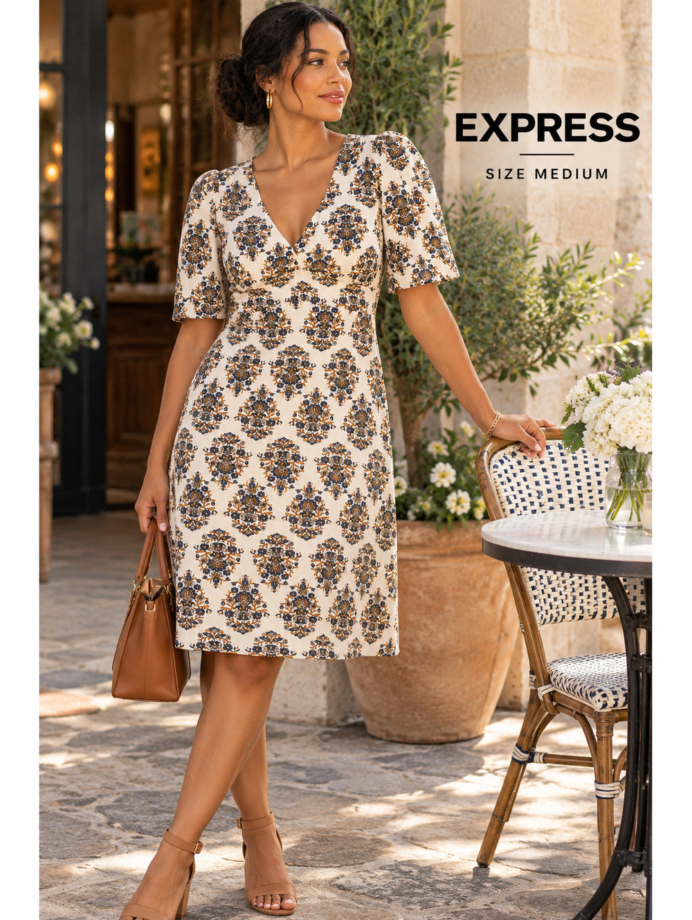 Express | M | White Medallion Floral Puff Sleeve V-Neck Dress